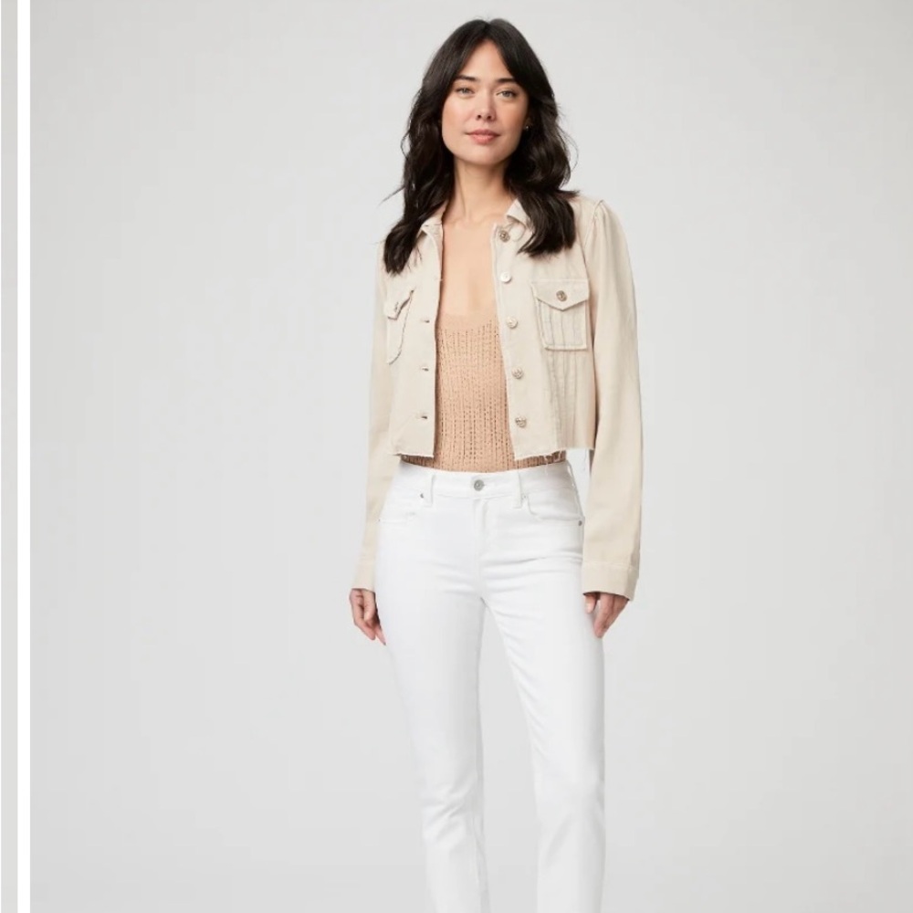 Paige - Cropped Pacey Denim Jacket in Soft Beige